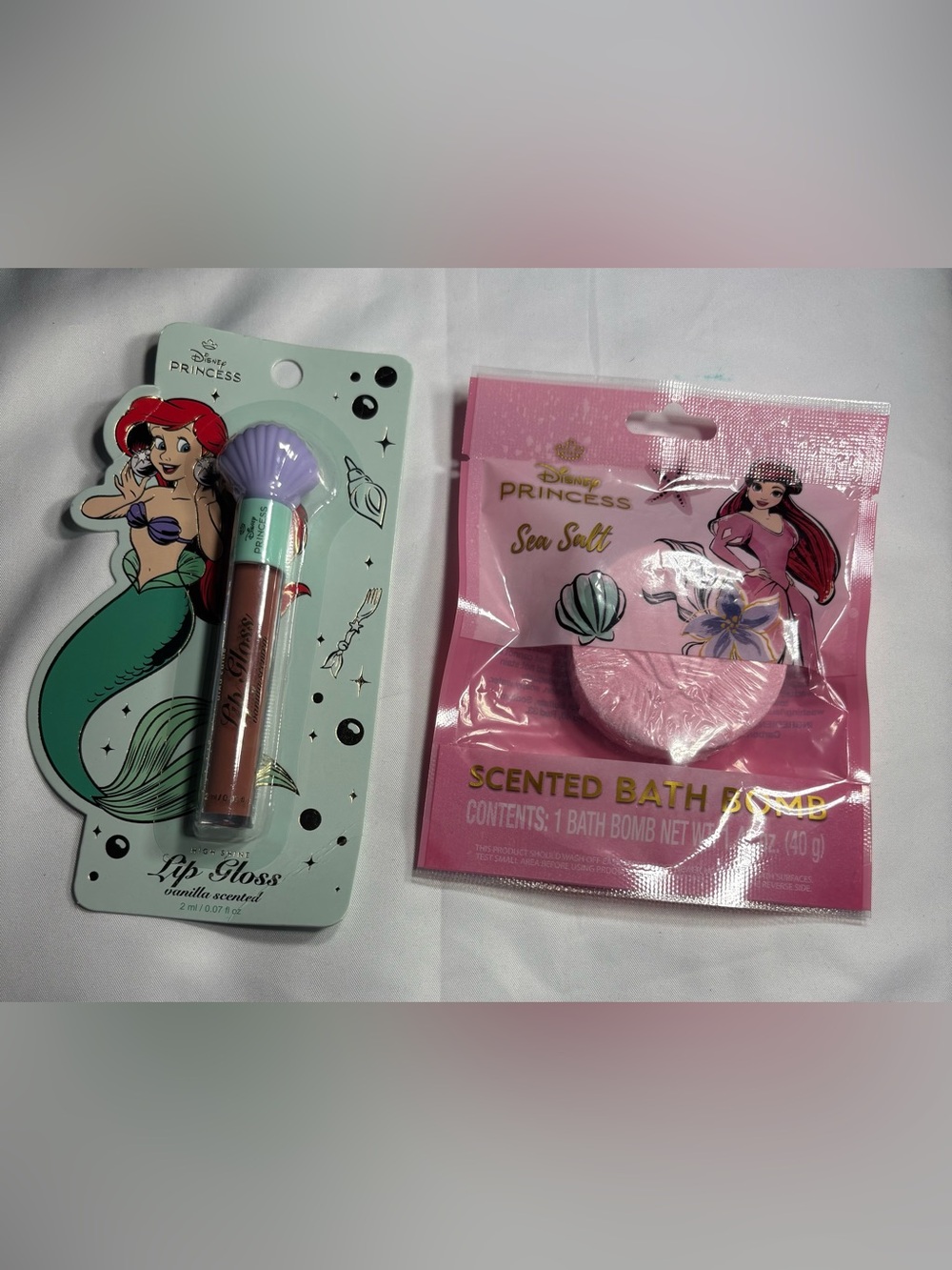 2 New Disney Princess Ariel Sea Salt Scented Bath Bomb & Lip Gloss Set